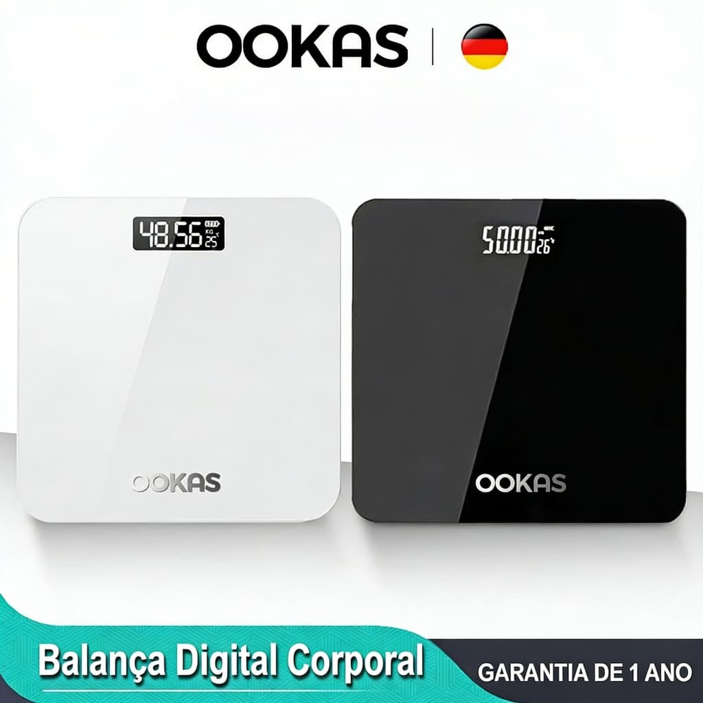 OOKAS Premium LED Balança Digital Corporal USB Balança Bioimpedância Com Vidro Temperado até 180kg+