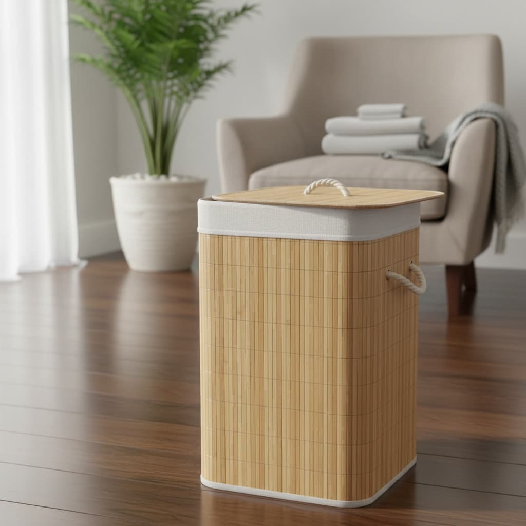 Cesto De Roupas Bambu Retangular Banheiro Lavanderia Duplo