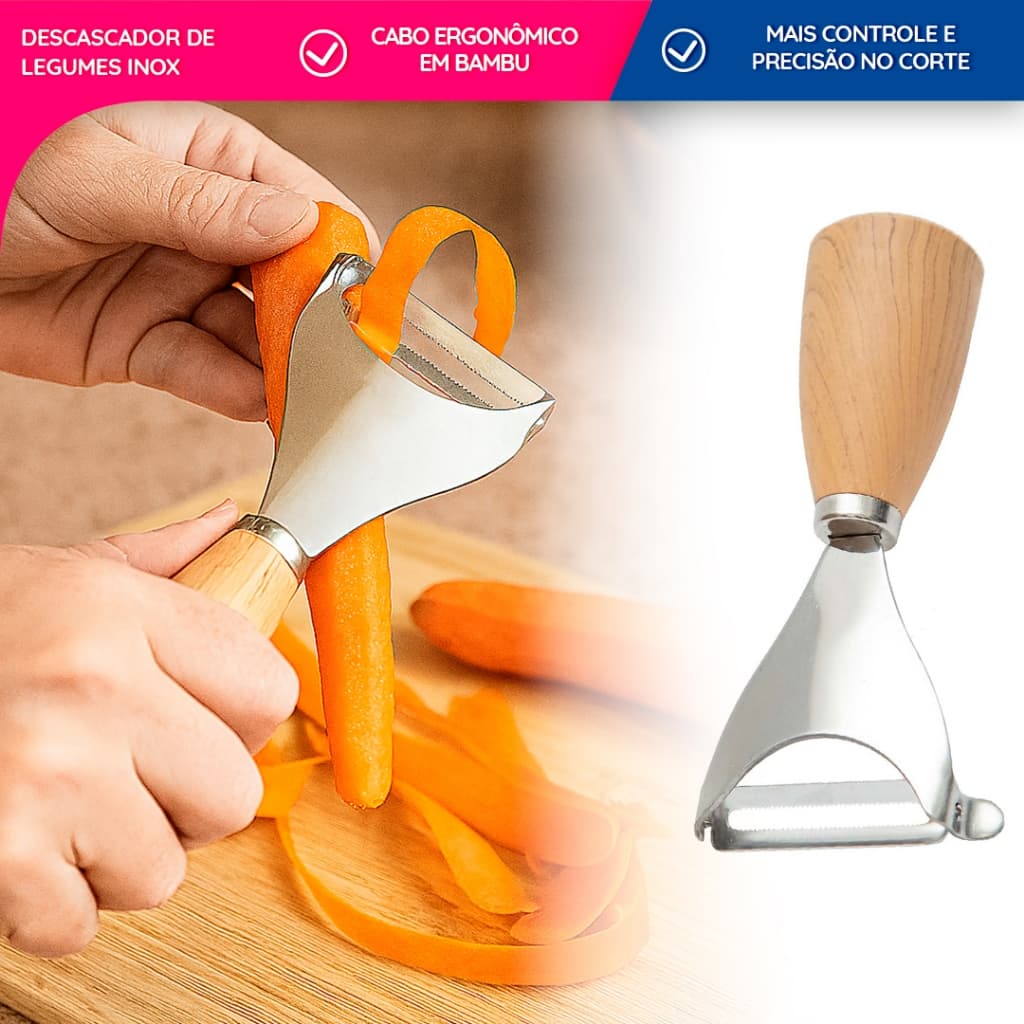 Descascador de legumes e frutas Wood inox e cabo Plástico Textura Madeira