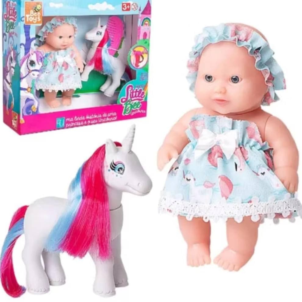 Brinquedo Pequena Little Bee Boneca e Unicórnio Colorido 14cm - Bee Toys -
