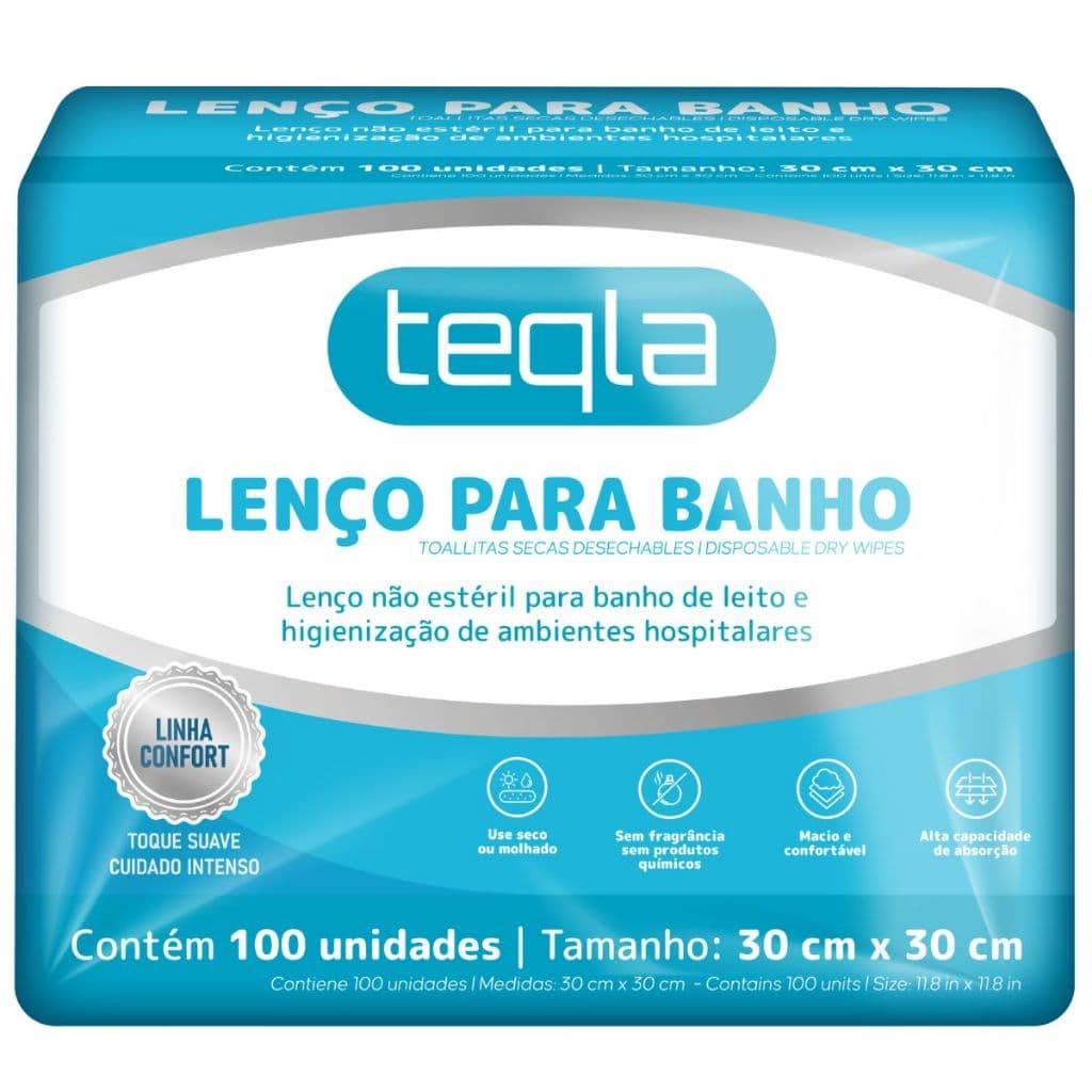 Lenço de Banho Descartável Teqla - 100 Unidades (30 cm x 30 cm)
