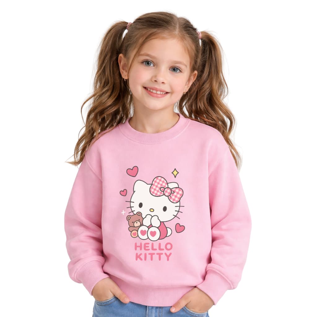 Moletom Infantil Feminino Rosa Bebê Hello Kitty Estampas Variadas Flanelado Sem Capuz Premium