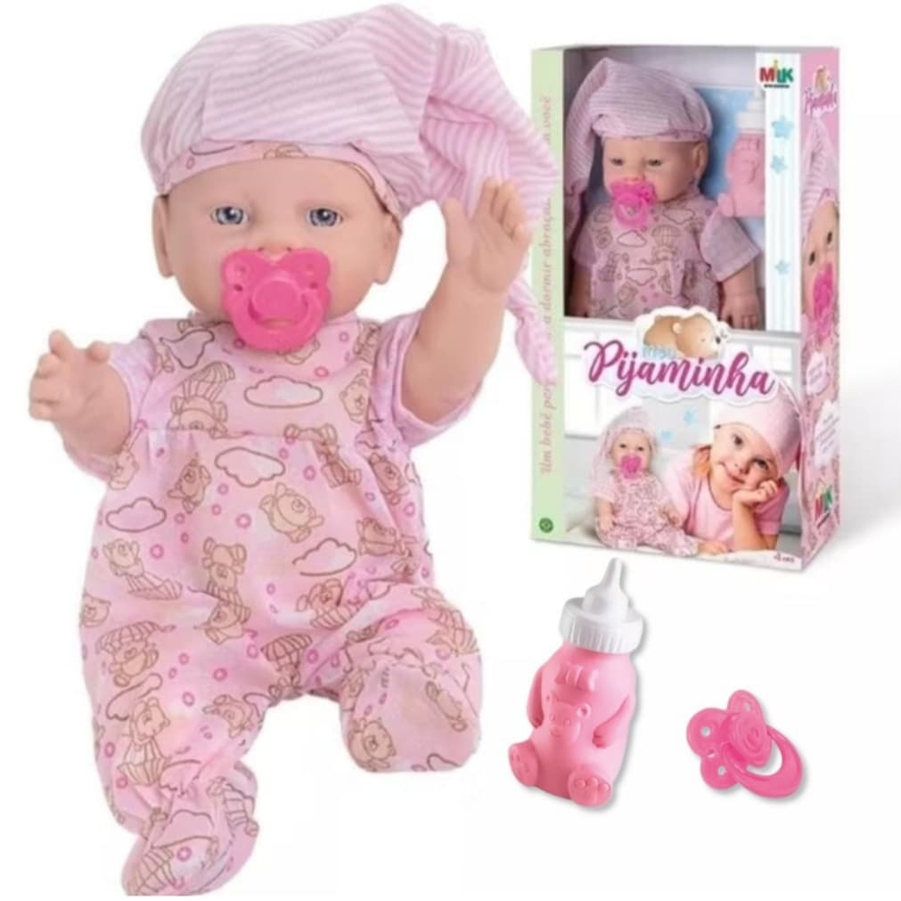 Boneca Meu Pijaminha Bebê Com Mamadeira E Chupeta Menina - Milk Brinqedos -