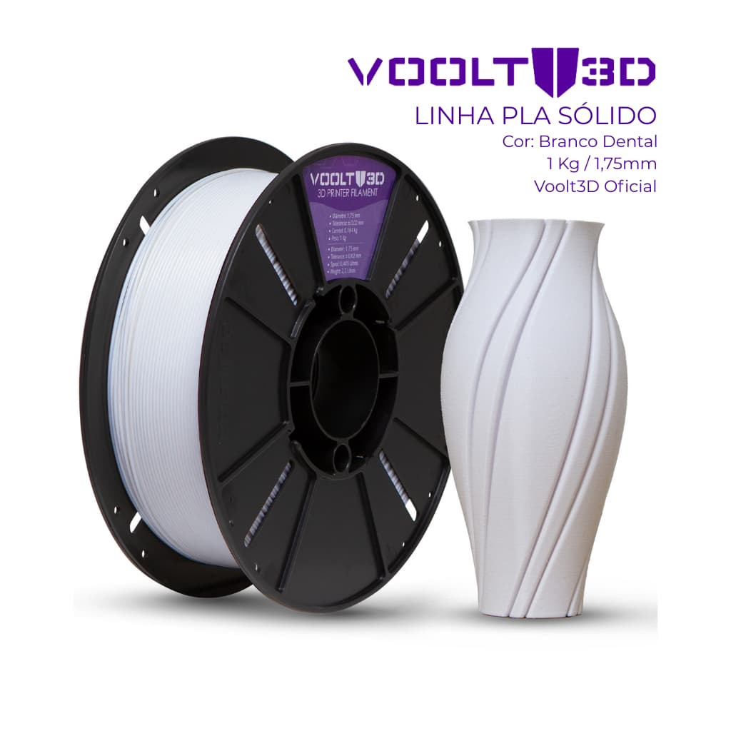 Filamento PLA Branco Dental Sólido Premium 1Kg 1,75mm Para Impressora 3D FDM - Voolt3D