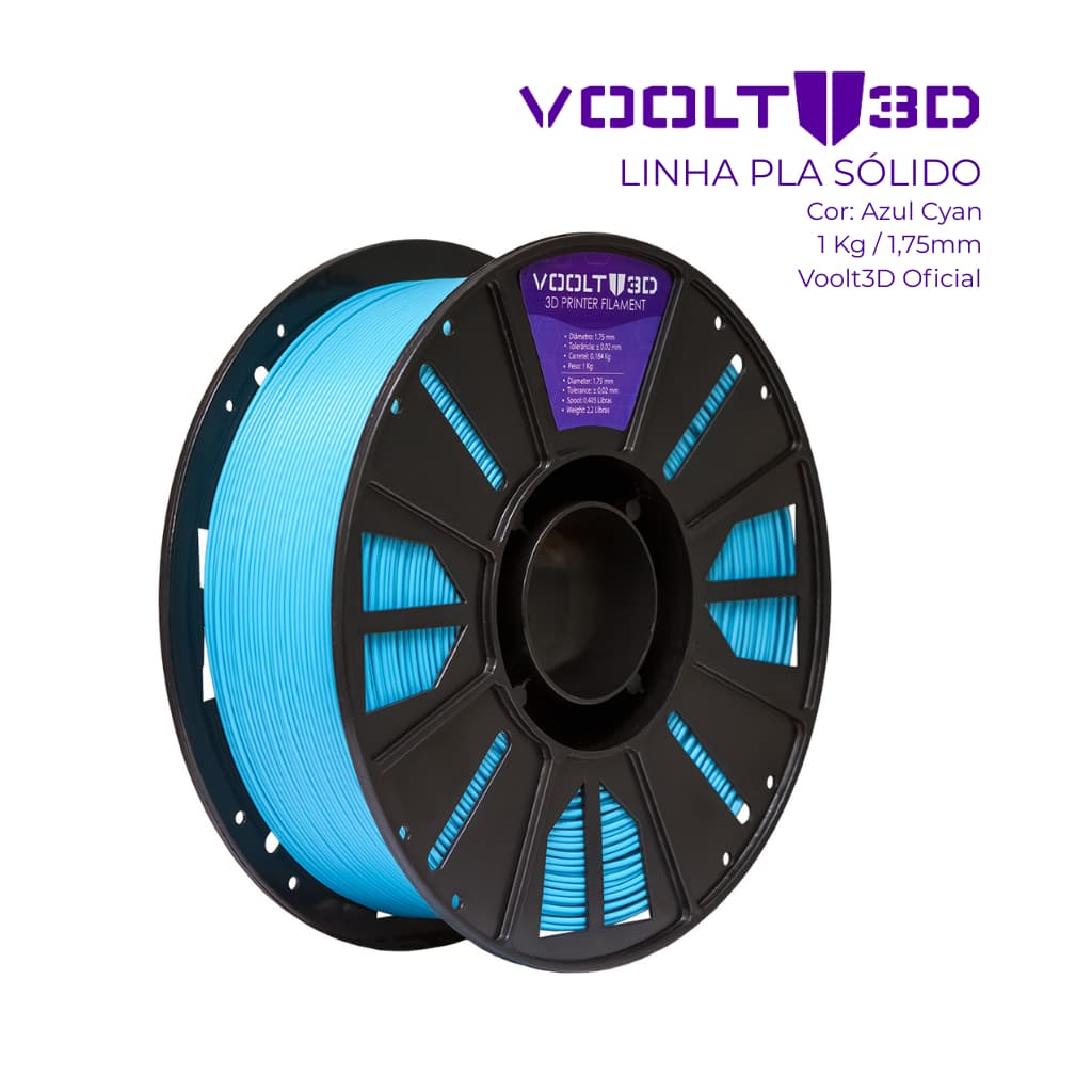 Filamento PLA Azul Cyan Sólido Premium 1Kg 1,75mm - Para Impressora 3D FDM - Voolt3D
