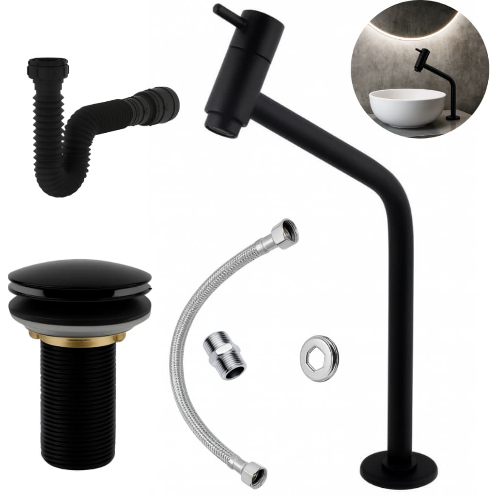Kit Banheiro ABS-Torneira Bancada Link+ Ralo Válvula click 7/8 Preto + Sifão + Engate 40CM