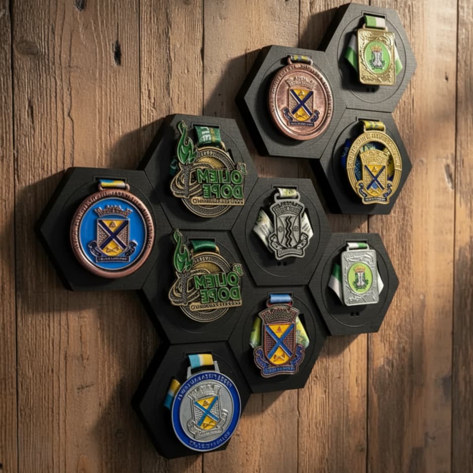 Porta Medalhas Hexagonal de MDF para Decoração de Parede  Kit com 10 e 3 unidades de Porta Medalha