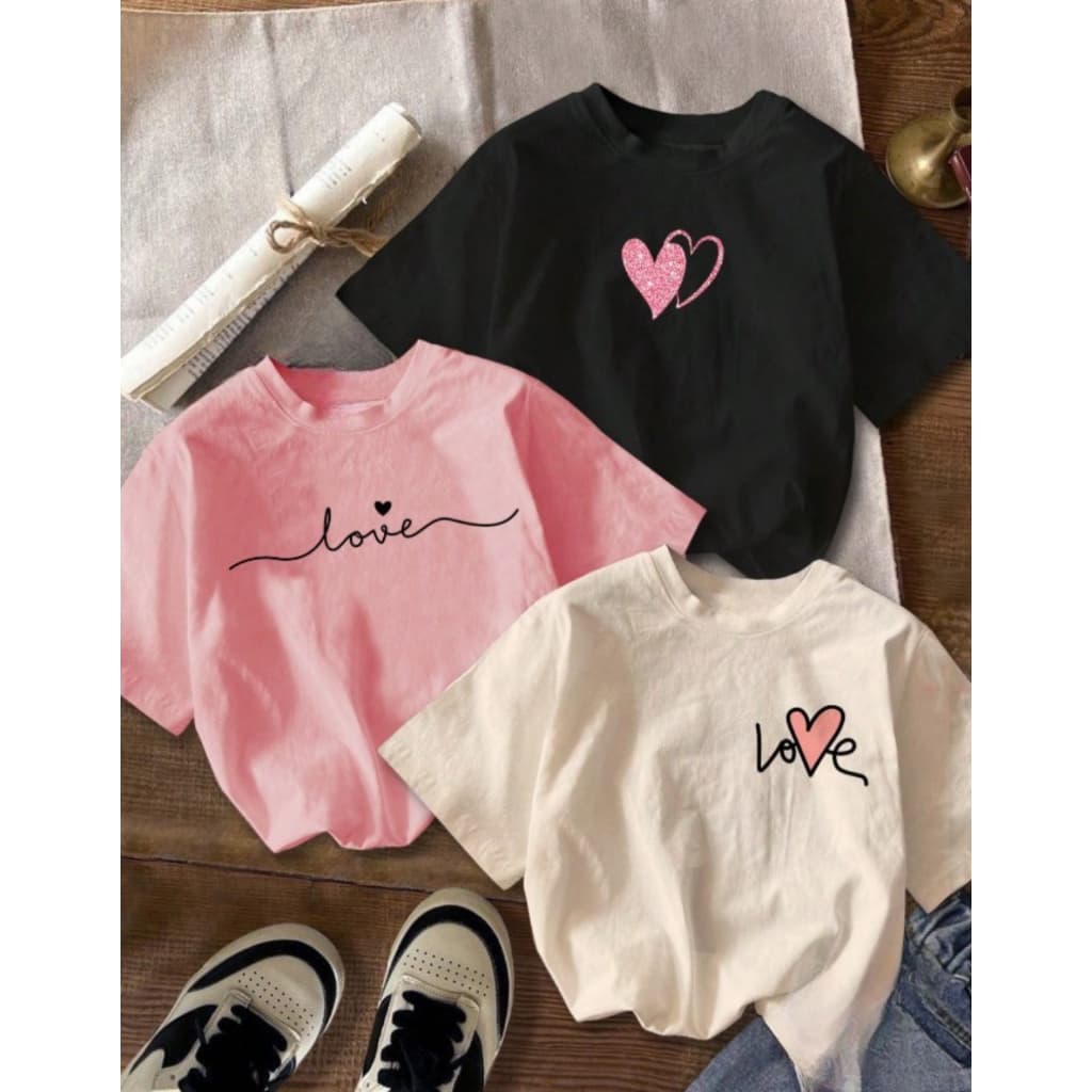Kit 3 Camiseta Feminina T-shirt Infantil Básica Algodão Love Coração | Enviamos De Imediato
