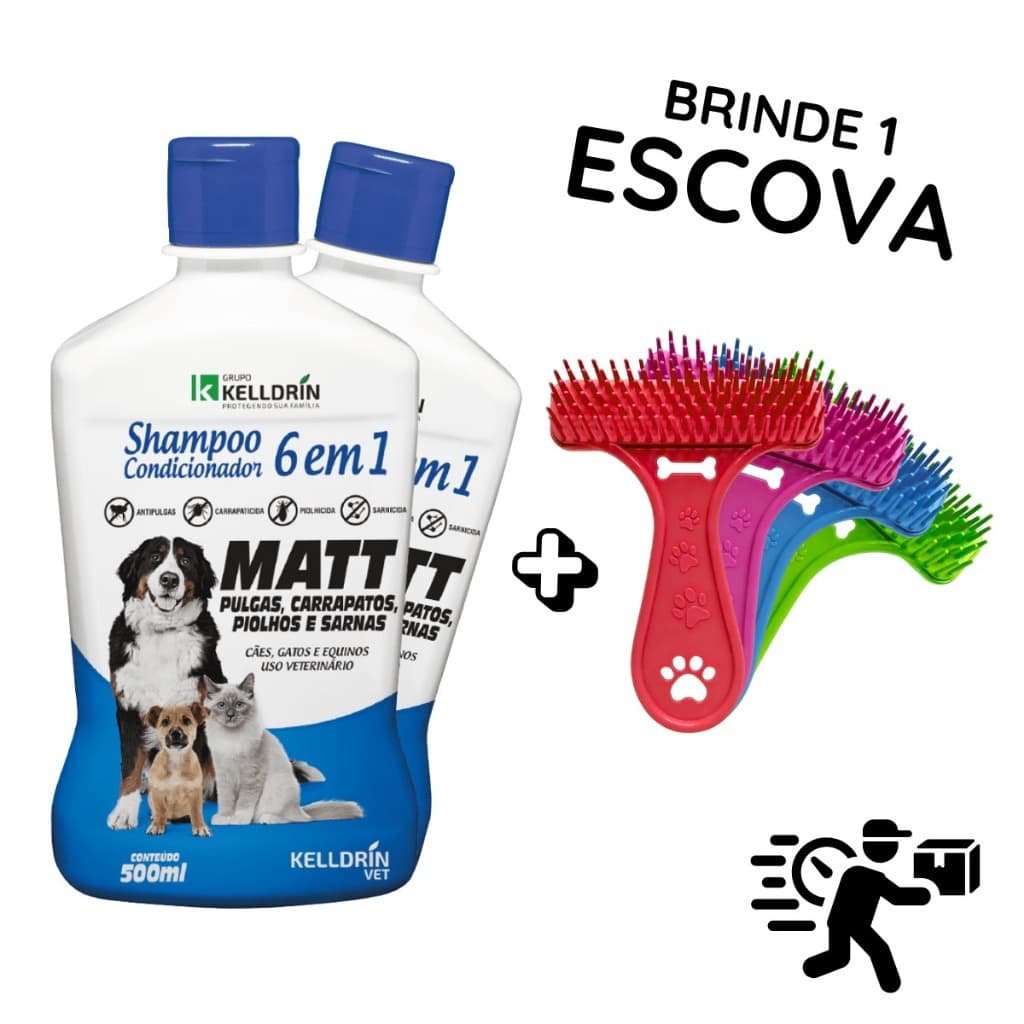 Shampoo Condicionador Matt 6x1 Antipulgas Carrapatos Sarna Cães Gatos + Escova Rastelo Brinde
