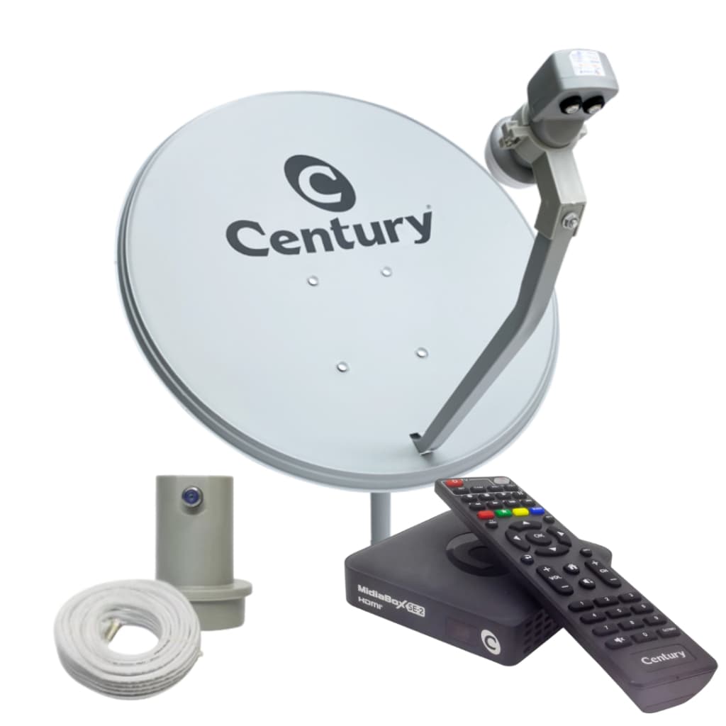 Kit Antena Parabólica Ku 60cm com MidiaBox SE-2 - Century, LNBF e cabo com conectores. Nova Parabólica