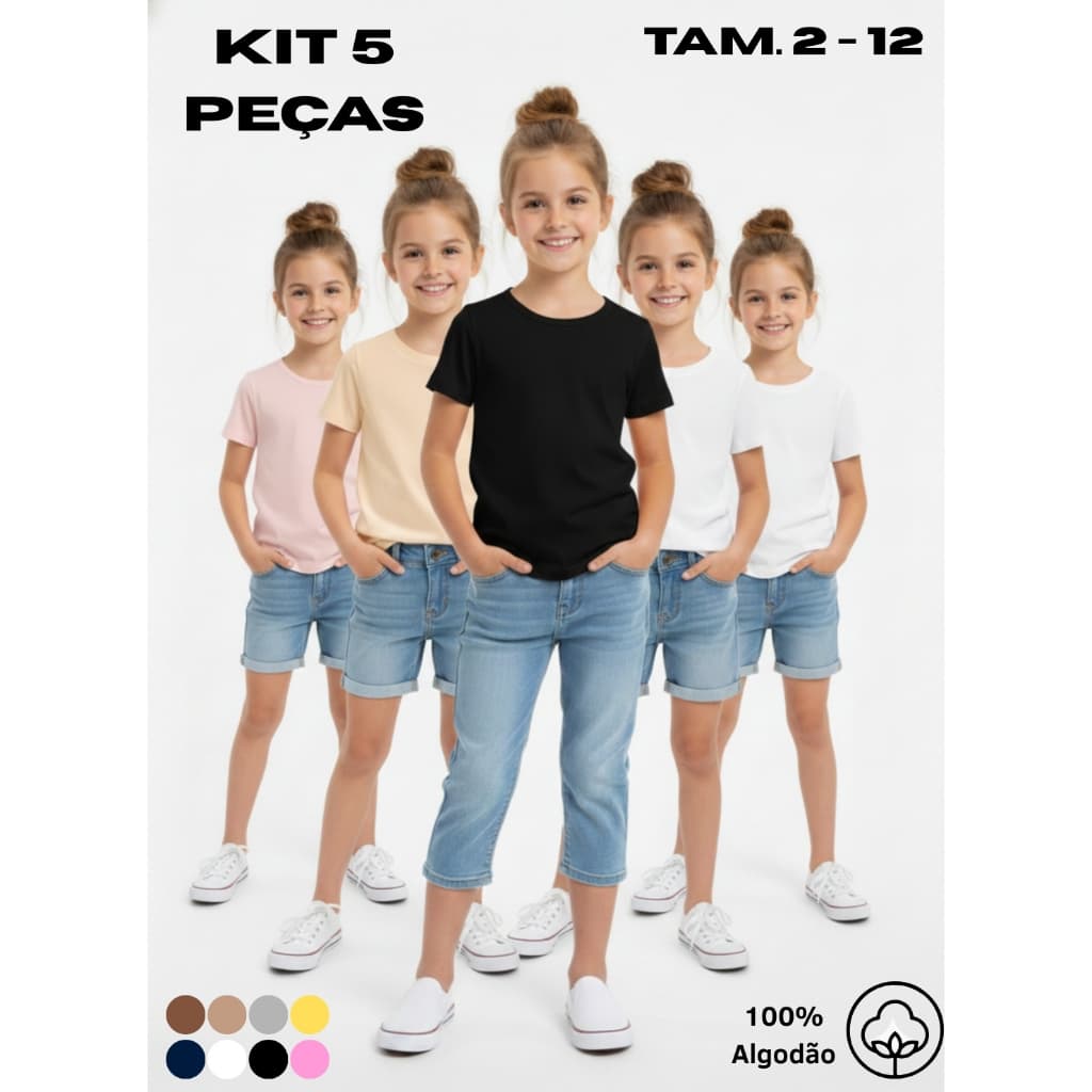 Kit Camiseta Infantil Menina - Lisa Básica - Algodão Manga Curta - Escolar, Uniforme, Dia a Dia