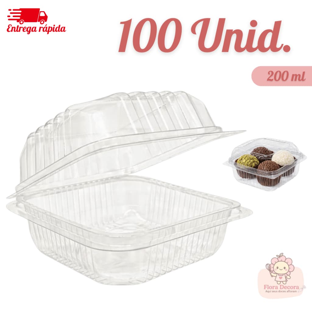 Kit 100 Embalagem Quadrada com Tampa para Bolo e Sobremesa 200ml