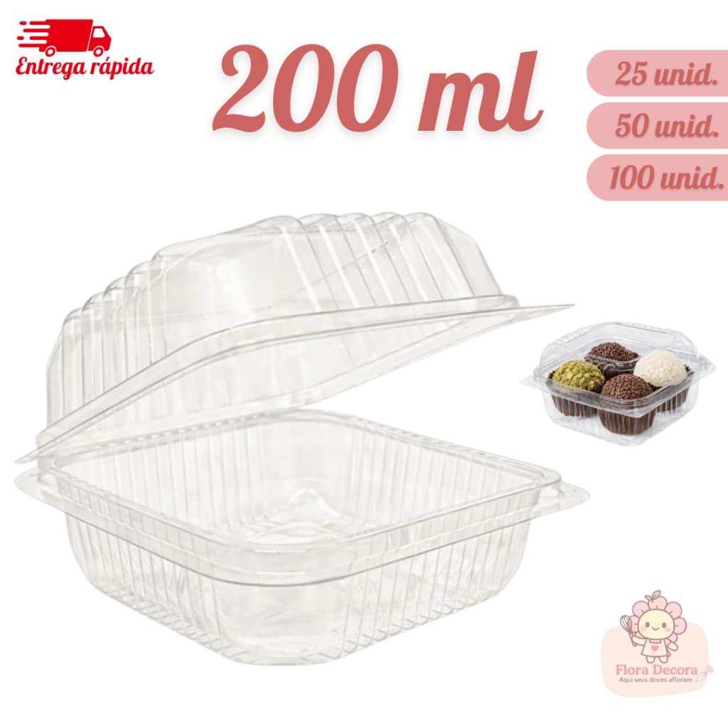 Kit Até 100 Embalagem Quadrada com Tampa para Bolo e Sobremesa 200ml