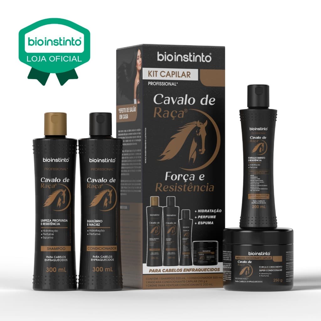 01 KIT CAPILAR CAVALO DE RAÇA  4 Itens Bio Instinto Anti Queda Força Brilho Hidratação Salão Beleza