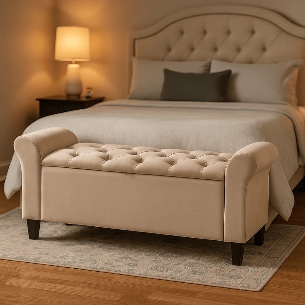 Recamier Baú 120 cm Com Braços Com Baú Calçadeira para Quarto Casal Capitonê Suede