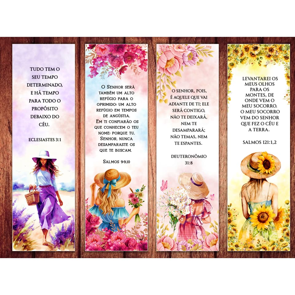 Kit 50 marcadores de página com versículos bíblicos, modelo Mulheres & Flores
