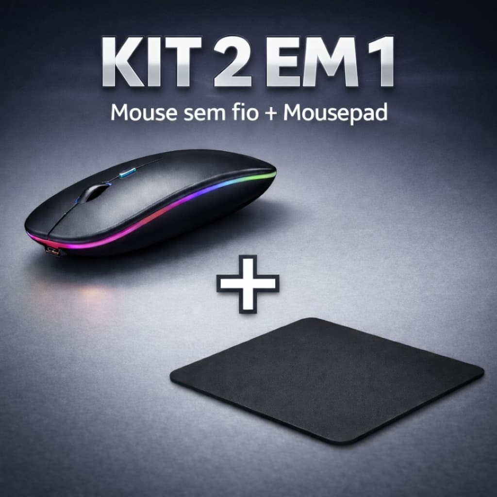 Kit Mouse Sem fio Bluetooth recarregavel + Mousepad preto liso Kit 2 em 1