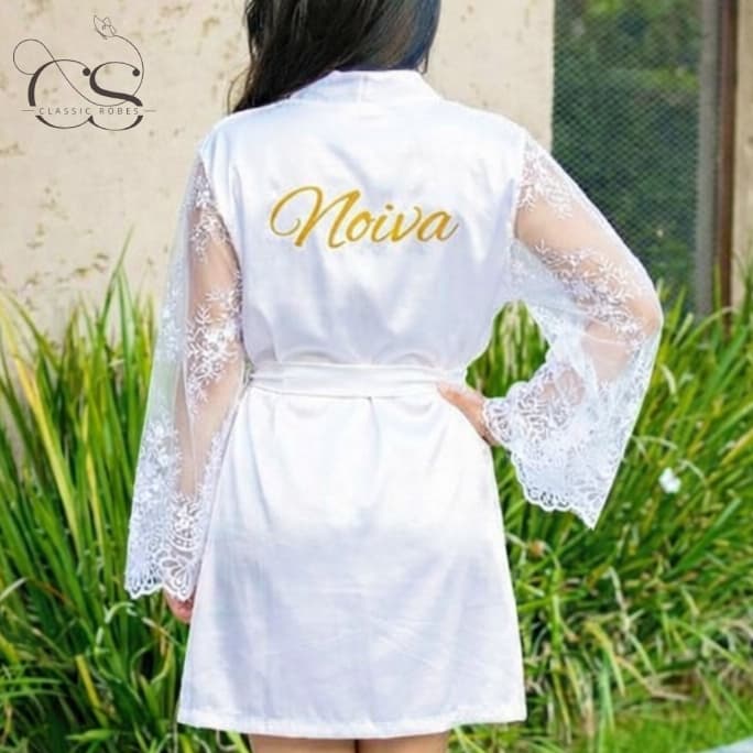 Robe de Noiva Branco em Cetim com Elastano e Renda Bordada Manga Longa Luxo Premium