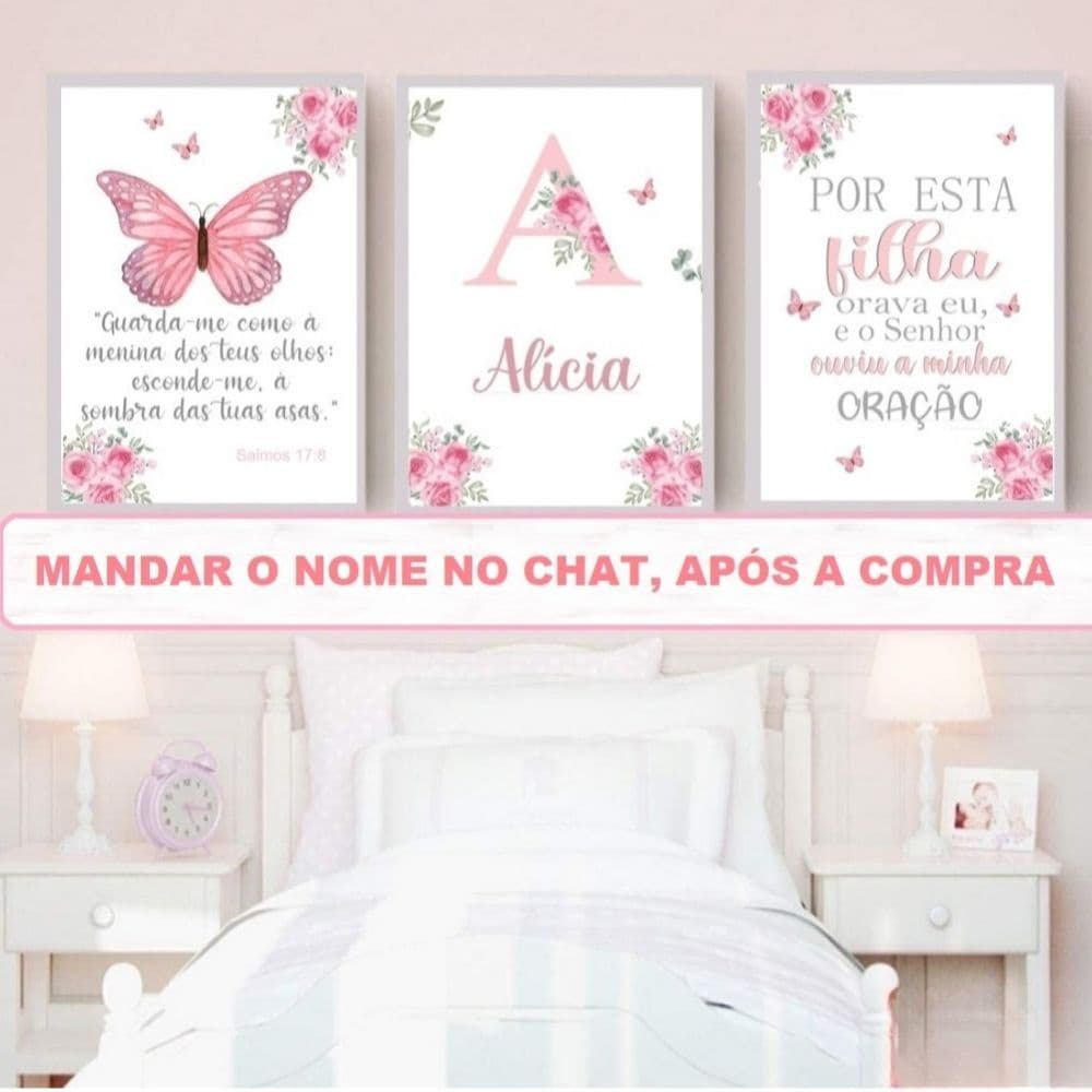 Quadros Infantil Menina Sonhe Alto Floral Borboletas com Nome Personalizado 3 Peças