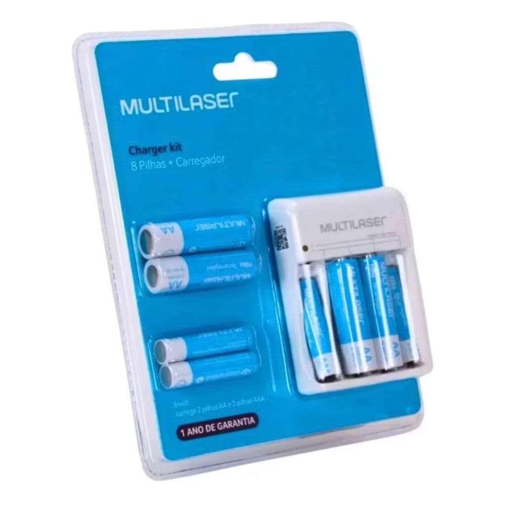 KIT CARREGADOR MULTILASER BIVOLT + 8 PILHAS RECARREGÁVEIS
