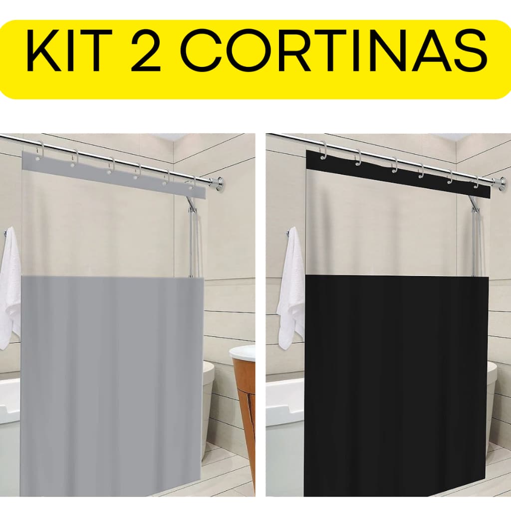 Kit 2 Cortinas De Box Com Visor Em PVC Para Banheiro Impermeável Com Ganchos AntiMofo