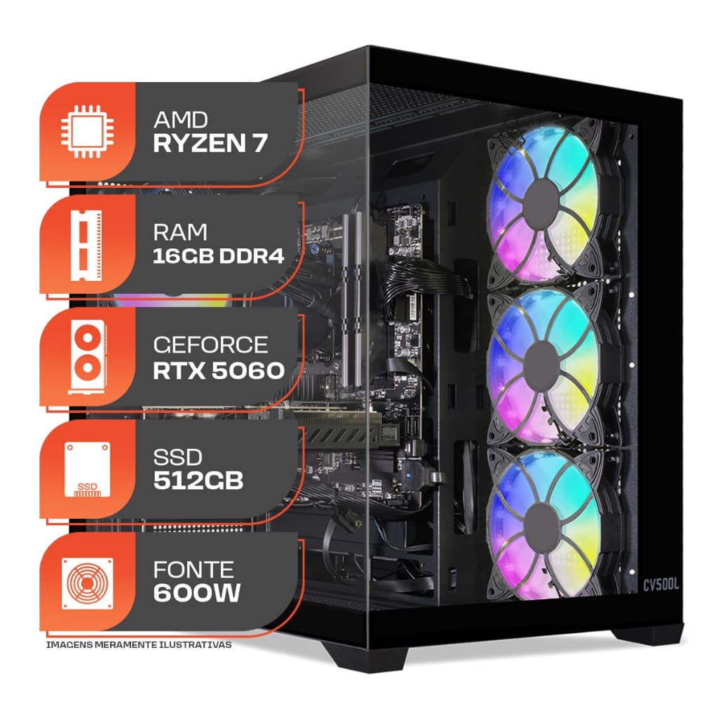 PC Gamer Titan Pro, AMD RYZEN 7 5700X, Water Cooler, GeForce RTX 5060 8GB, 16GB DDR4, SSD M.2 512GB, Fonte 600W 80 Plus