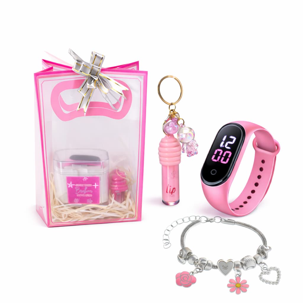 Kit Relógio Infantil Digital Menina  | Pulseira com Berloques + Lip Gloss c/ Chaveiro Sacola | Presente para Menina