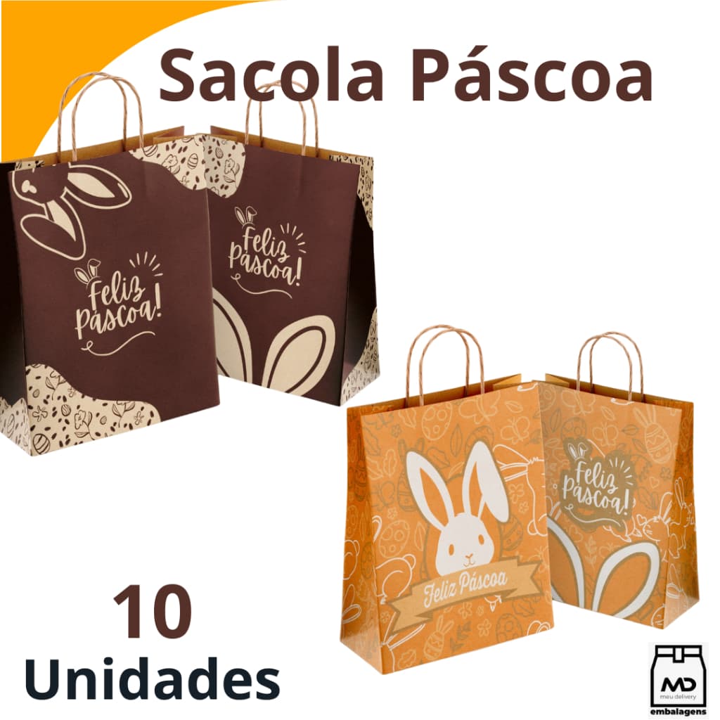 Kit 10 Sacolas Kraft Páscoa Ovos Chocolate Presente - Tam M (26x19x12) e Tam G (31x24x15,5) Atacado