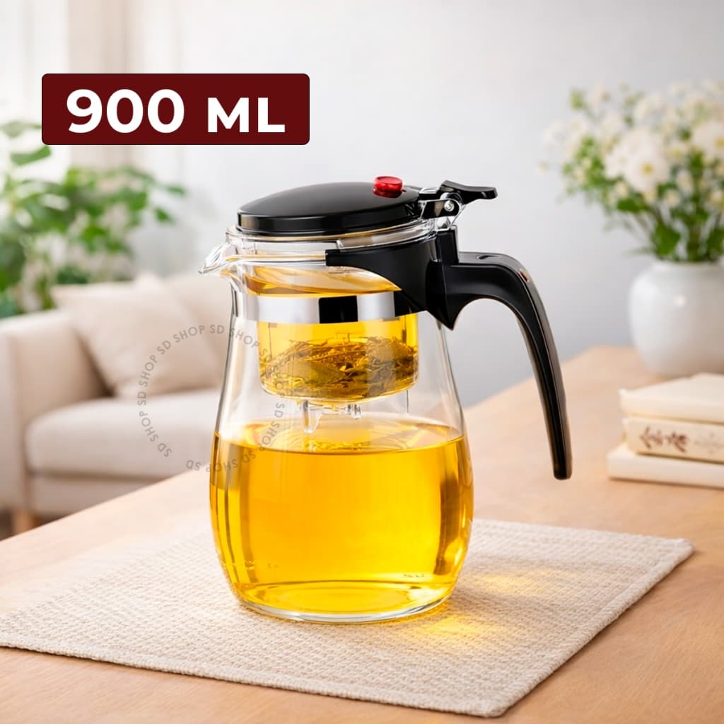Chaleira Bule Jarra de Vidro Para Chá 900ML Com Tampa de um Toque Com Infusor Reutilizável