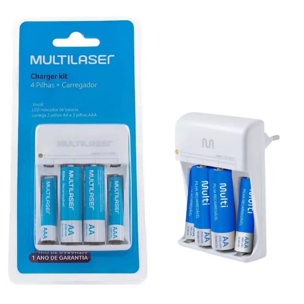 KIT CARREGADOR MULTI BIVOLT + 4 PILHAS RECARREGÁVEIS AA+AAA