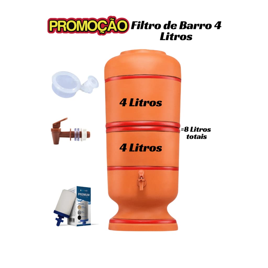 Filtro de Barro Completo 8 Litros ToTal com Vela Tripla Ação Oasis – Água Pura e Natural