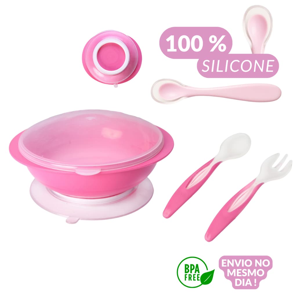 Kit Prato com Tampa Ventosa Colher e Garfo + Colher silicone Para Bebê