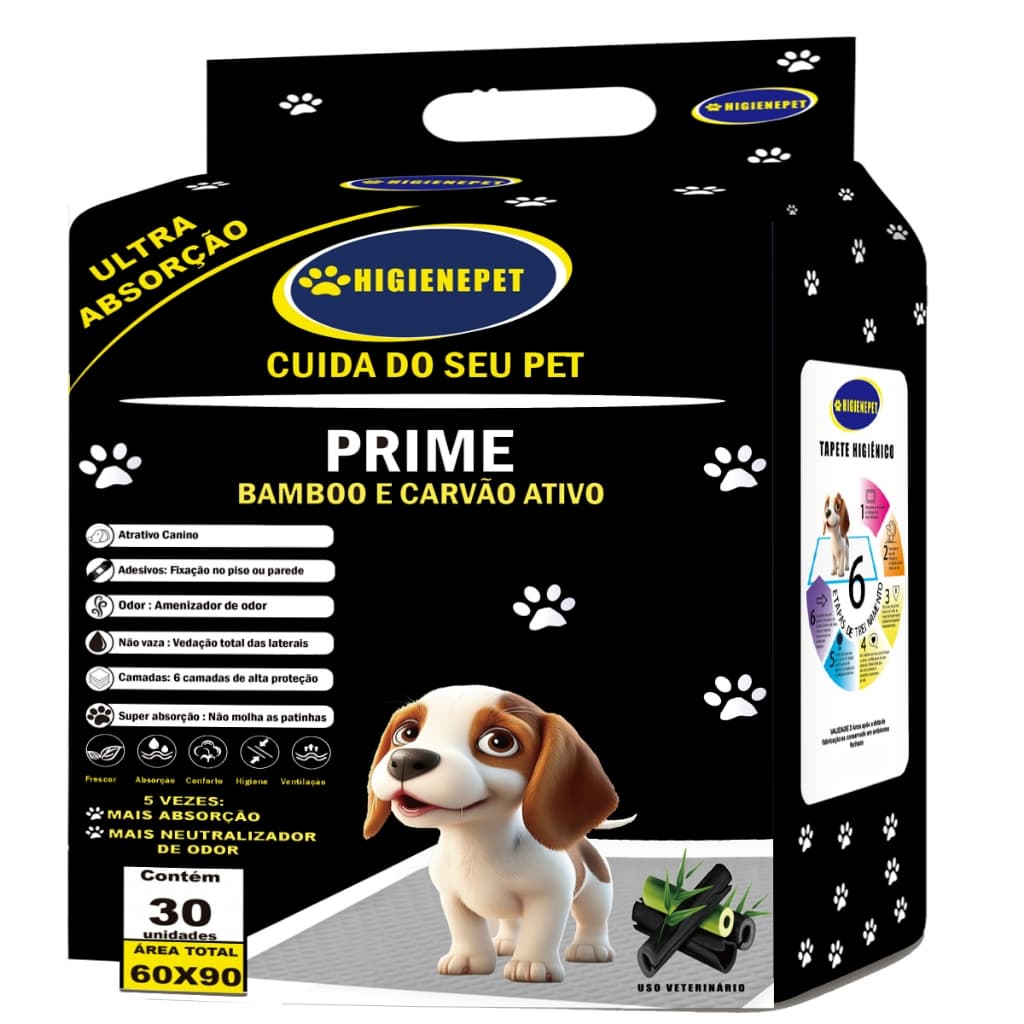Tapete Higiênico Cães 60x90 30 Unidades Prime Carvão Ativado/Bamboo Higienepet