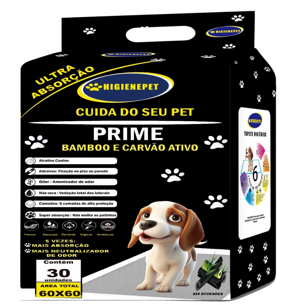 Tapete Higiênico Cães 60x60 30 Unidades Prime Carvão Ativado/Bamboo Higienepet