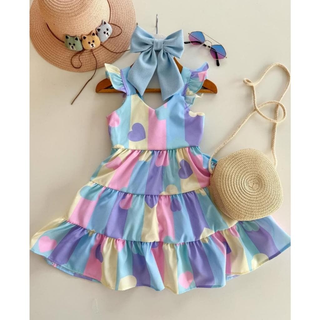 Vestido Infantil Menina Luxo Premium Verão 3 Marias Babado Alça Colorido Coração Candy Color