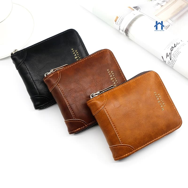 Carteira Masculina de Couro com Zíper Porta Documentos e Cartão com Visor Transparente