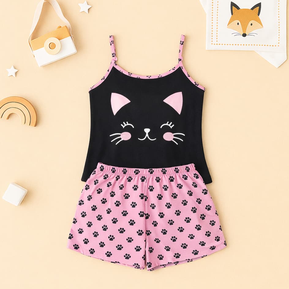 Baby Doll Gatinho Preto Fofo Malha Premium Pijama Feminino Adulto Short Alça Fina Verao Confortavel