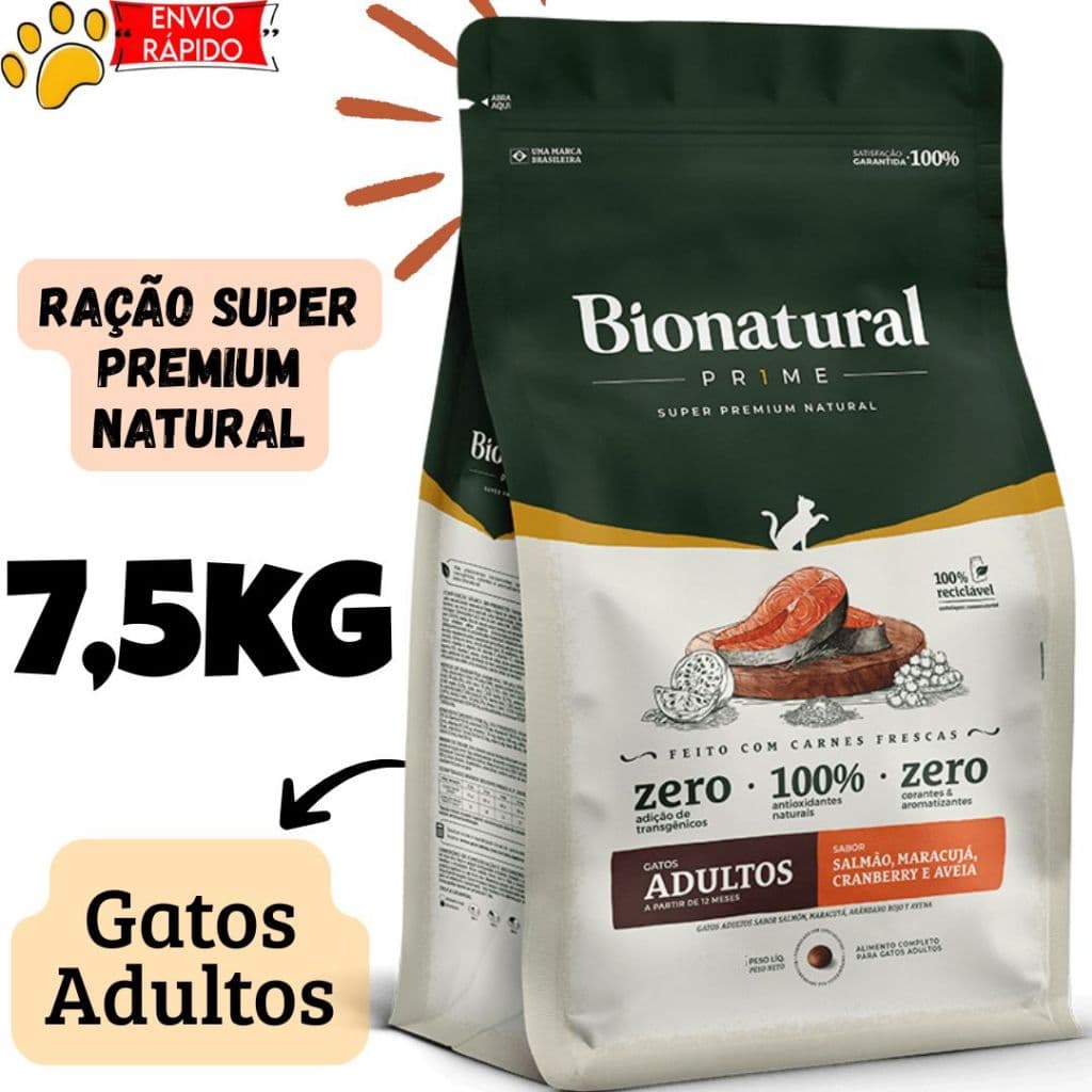 Ração Bionatural Prime Gatos Adultos 7,5kg Super Premium Natural Salmão Maracujá Cranberry e Aveia