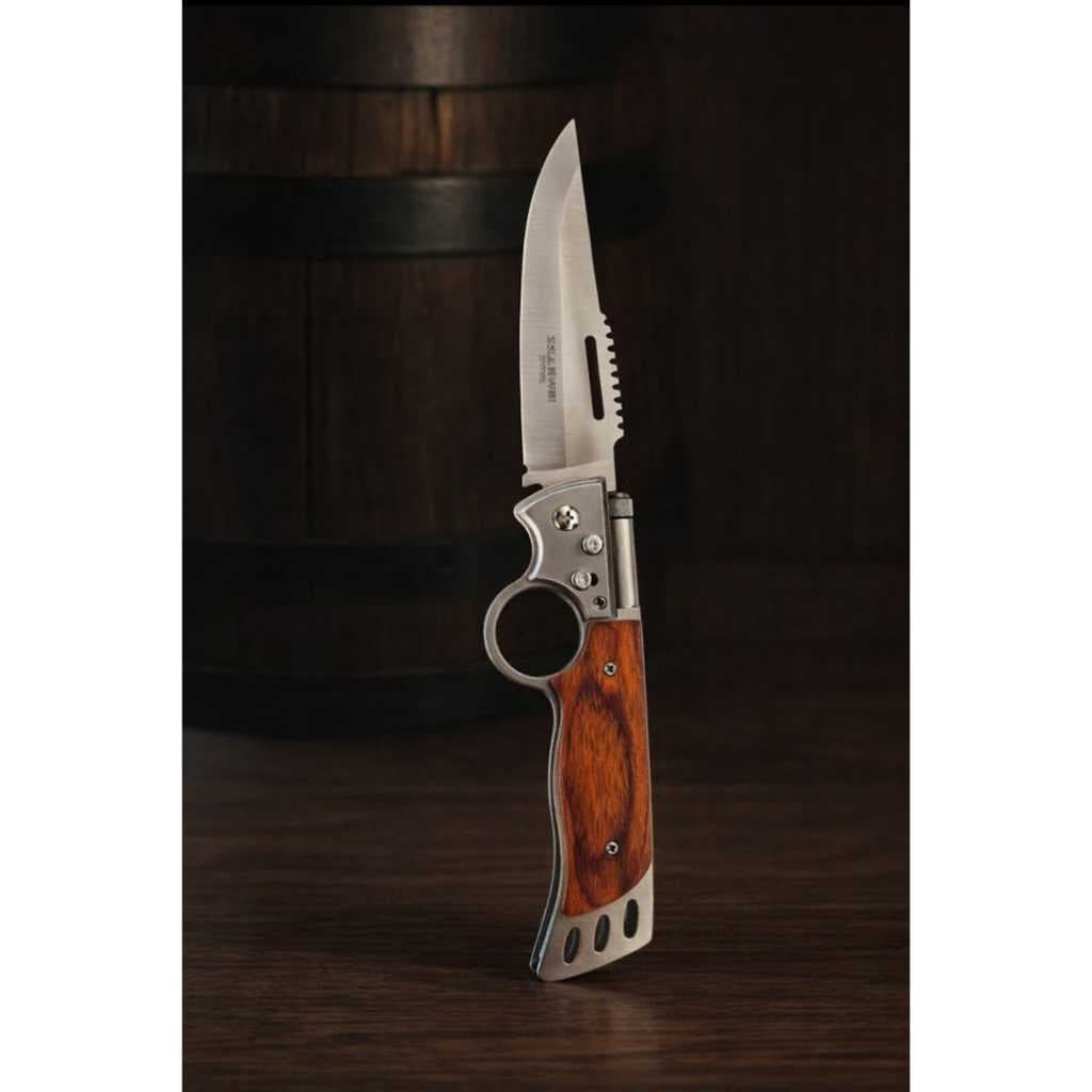 Canivete Automático Esportivo 26cm Saque Rápido Luxo Cabo Madeira Com Lanterna Camping Pesca