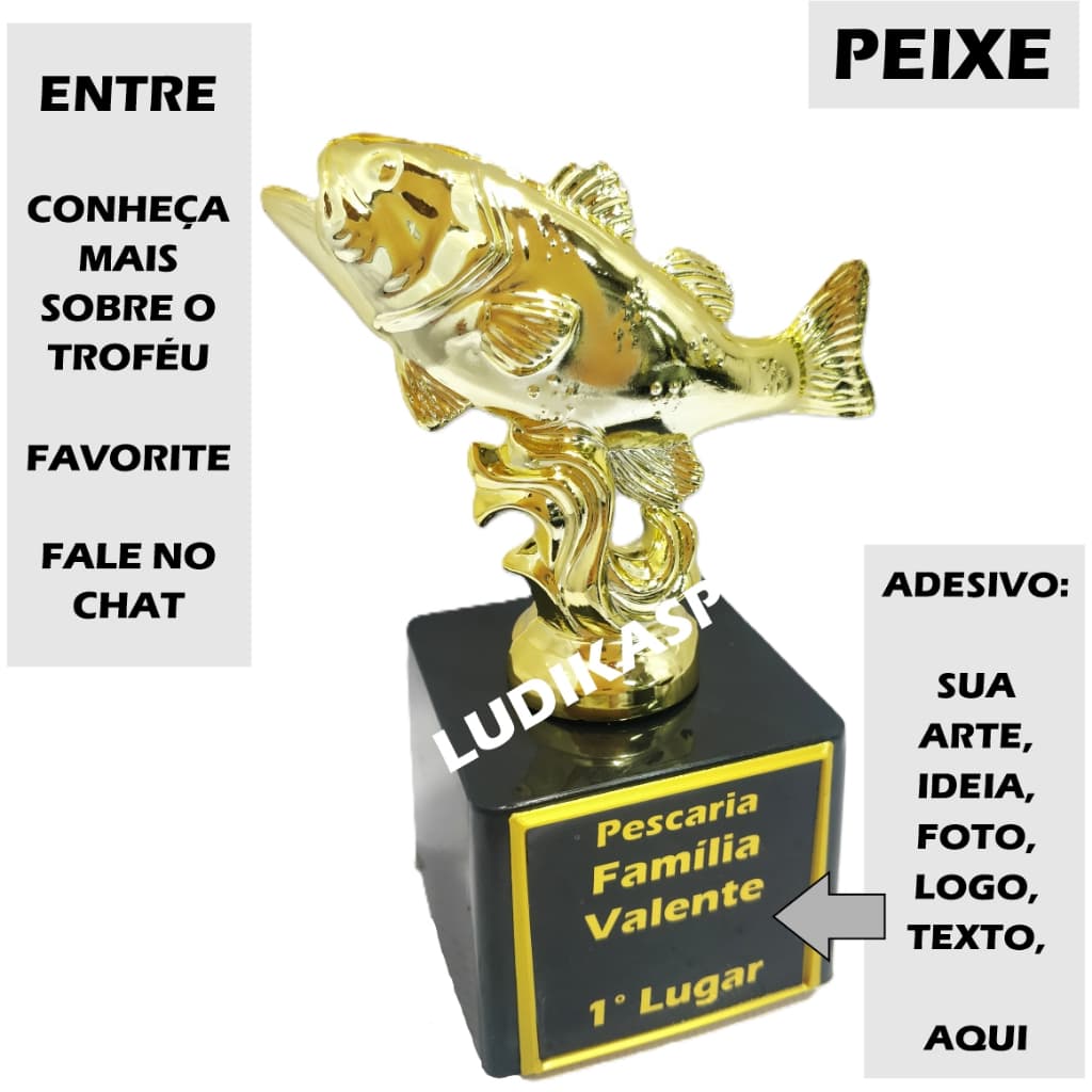 1 a 4 Troféu Peixe Ouro 13cm BL1 {Personalizo} Pescaria Pega Nada Anzol Molinete Desafio Noturno