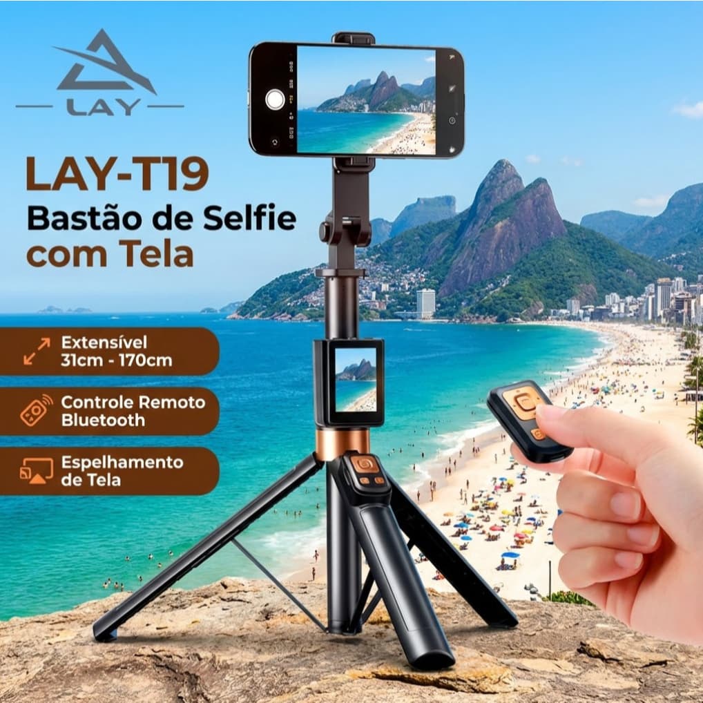 Bastão De Selfie E Tripé Com Tela Espelhada E Controle Bluetooth 1.7 Metros Para Smartphone Vlog Gravação Vídeo Lay-T19