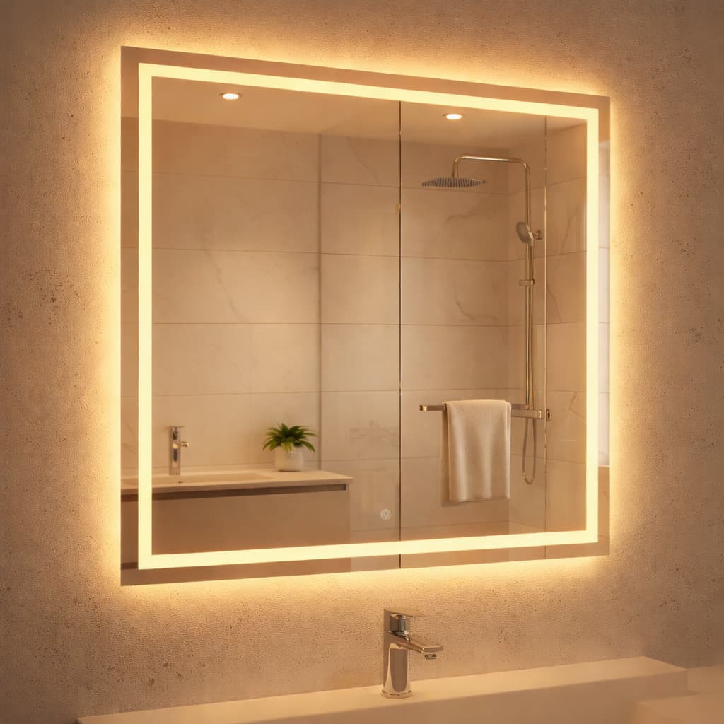Espelho Quadrado 40x40 Jateado Fino LED 3 Cores Touch Banheiro Lavabo Quarto Luxo