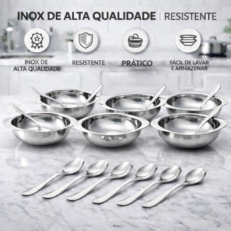 Conjunto Sobremesa 12 Peças em Inox Luxo Com Jogo Potes Tigelas e Colheres Madefer
