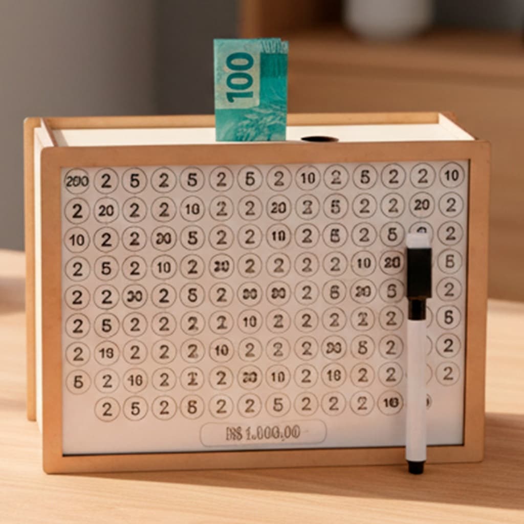 Cofre MDF Desafio Das Notas 10 Mil 5 Mil 1 Mil Com Caneta Caixa De Dinheiro Decorativa Organizadora Guardar Economias