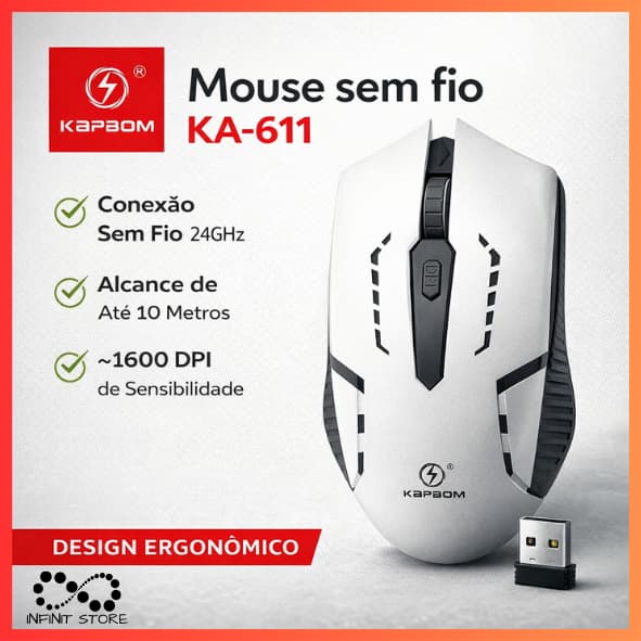 Mouse Sem Fio Óptico Ergonômico Com Receptor USB Interno 2.4Ghz Até 1600 DPI