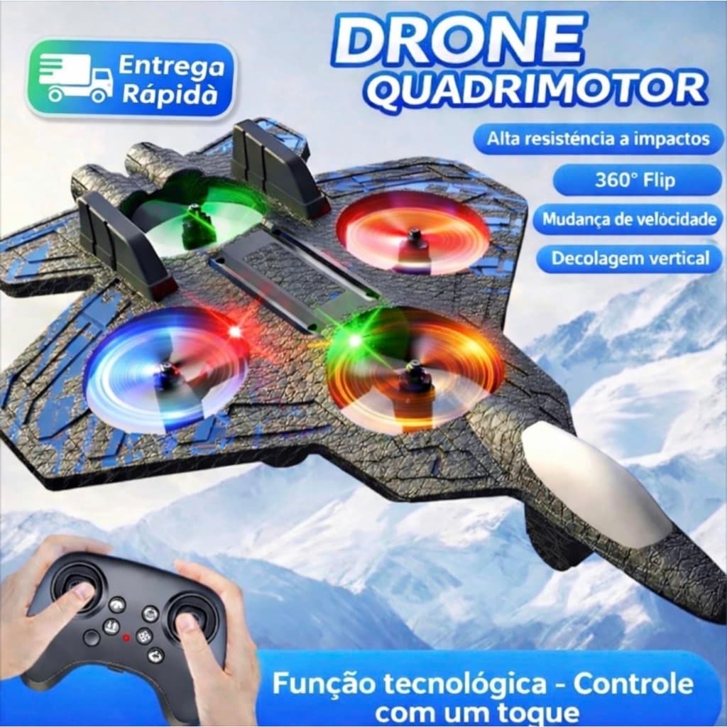 Avião Drone de Combate Aircraft Controle Remoto RC 2.4GHz 4 Motores Com Luz Bateria Recarregável Resistente
