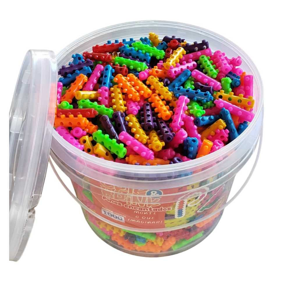 Blocos de Montar com Balde 500 / 700 /1000 /1300  peças Pinos Encantados brinquedo de montar colorido infantil educativo