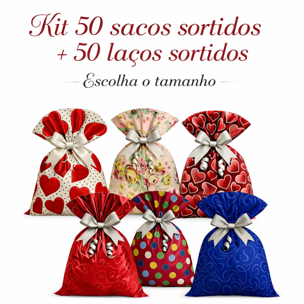 Kit 50un Sacos Presente Neutros Sortidos + 50 laços | Escolha o tamanho | Romântico Festa Lembrancinha Luxo