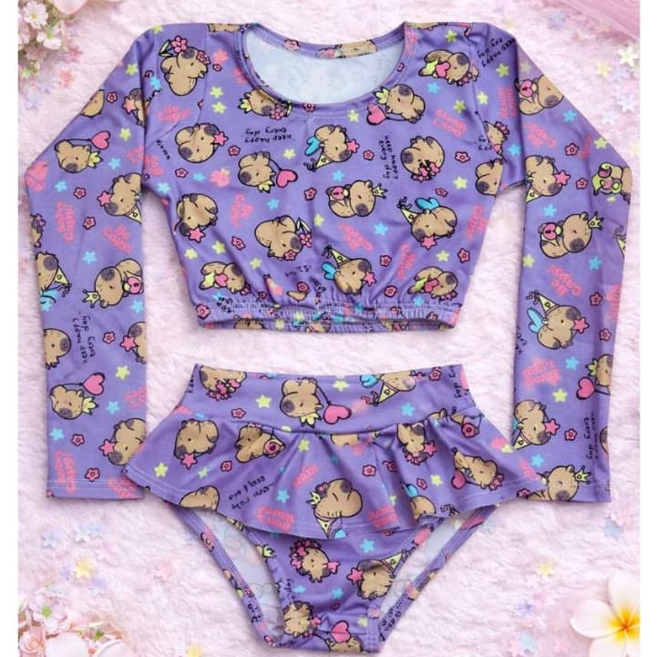 Biquíni Infantil Blusinha Manga Longa e Calcinha Babado com Proteção UV+50 Suplex Moda Praia