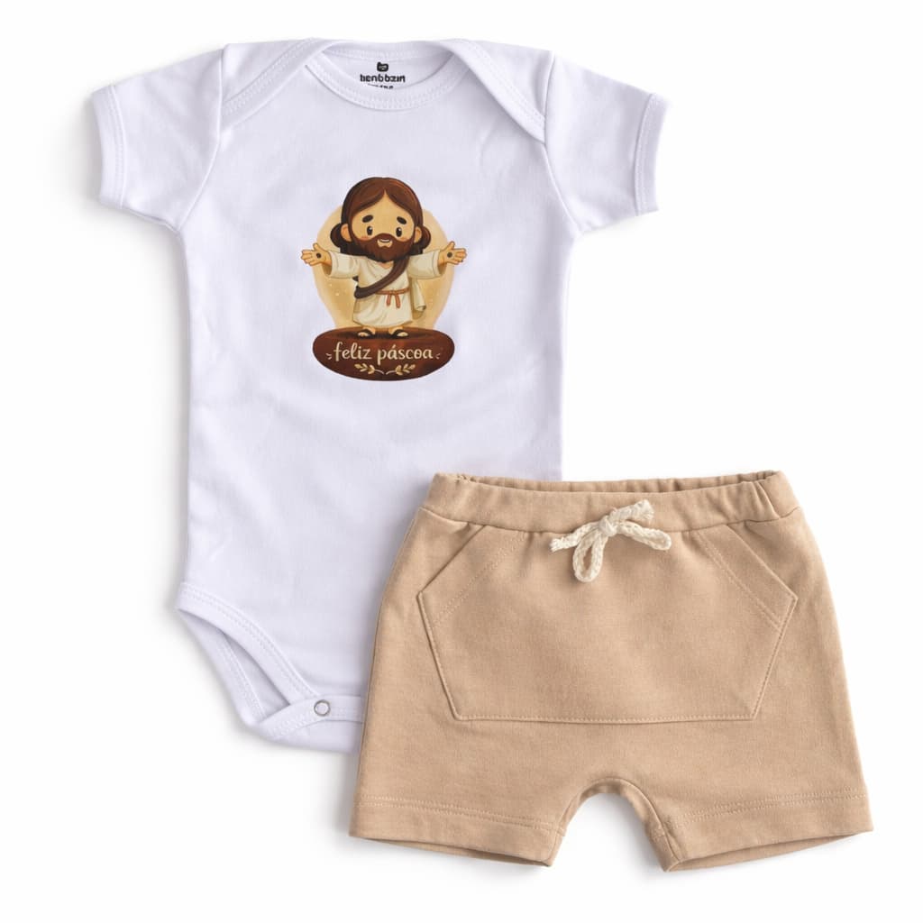 Conjunto de Bebê Páscoa Jesus Menino Body + Short 100% Algodão.